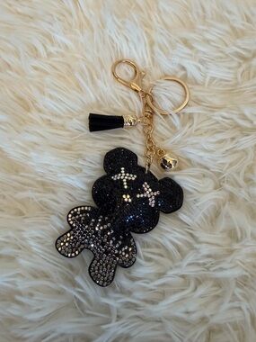 Bear Black/Silver Rhinestone Bag Charm / Keychain with Tassel Gold Hardware NWOT